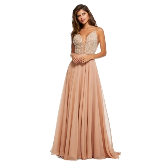 Sherri Hill Beaded Plunging V Neck Chiffon Gown in Nude Pink Color 52589 NWT - Picture 2 of 16